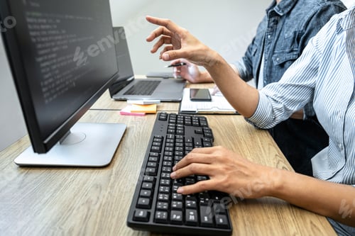 Preview: Two professional programmer cooperating and working on web site project in a software developing