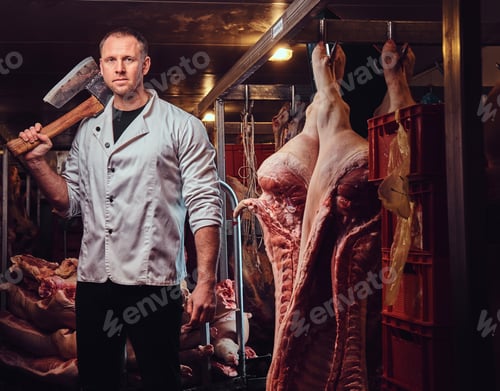 Preview: A butcher in a meat factory.