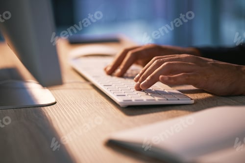 Preview: Hands of business person typing on computer keyboard in office at work, working on pc programming a