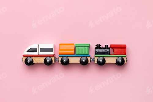 Preview: Train children toy, preschool kids game. Locomotive and carriages, wooden colorful