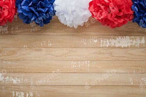 Preview: 4th of July background. USA paper fans, Red, blue, white stars, balloons, gold confetti on white woo