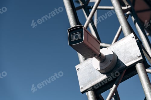 Preview: CCTV street cameras on iron pole. Monitoring Camera or surveillance camera concept. Stock photo