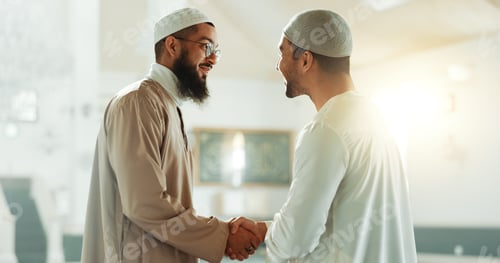 Preview: Muslim, handshake and people in mosque for greeting, conversation and respect in Islamic community.