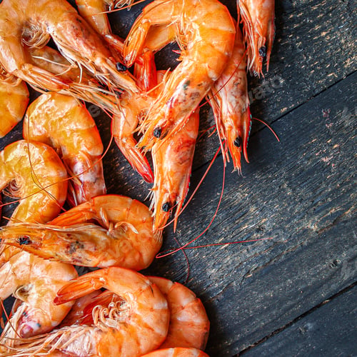 Preview: Shrimp Ready To Eat Boiled Seafood Menu Concept Serving Size. Food Background Top View Copy Space