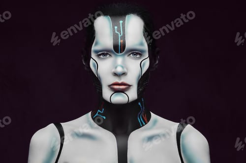 Preview: Sensual cyber woman. Technology and future concept. Isolated on a dark textured background.