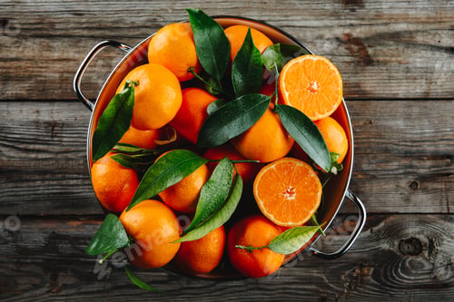 Preview: Fresh Clementine Mandarin Oranges fruits or Tangerines with leaves on wooden background
