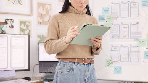 Preview: Woman, tablet or planning for ux web design, creative website code or software app seo. Developer,