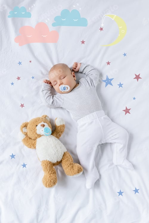 Preview: overhead view of cute baby with pacifier sleeping on bed with teddy bear with cute moon illustration