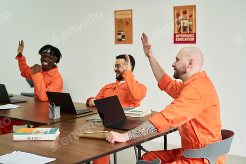 Preview: Group of Young Adult Men Participating in Classroom Discussion Indoors