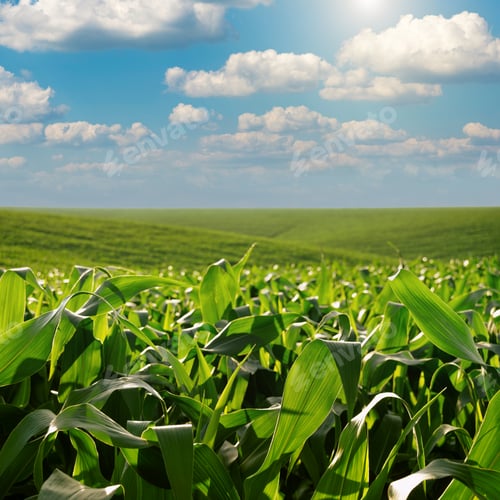 Preview: Green field of young maize stalks under blue sky in Ukraine