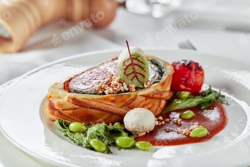Preview: Easter meat roll, meatloaf for Easter dinner. Beautifully decorated catering banquet table with