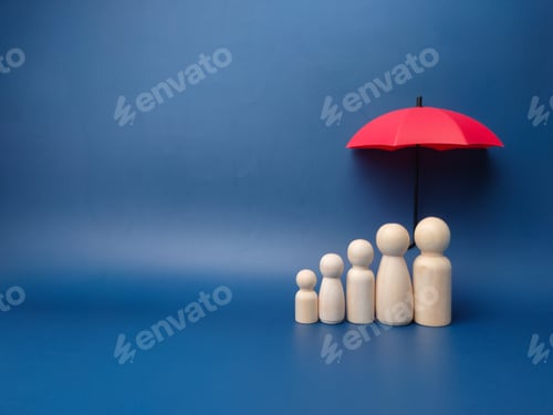 Preview: A family of wooden dolls are hiding under a red umbrella, protecting wooden peg dolls, planning, sav