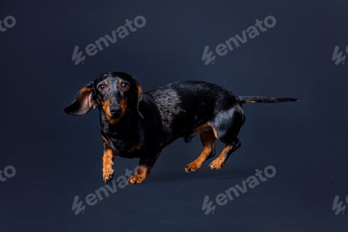 Preview: marbled dachshund dog sitting on a black background in the studio