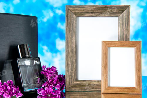 Preview: front view black fragnance with picture frames on the light-blue background flower love present gift
