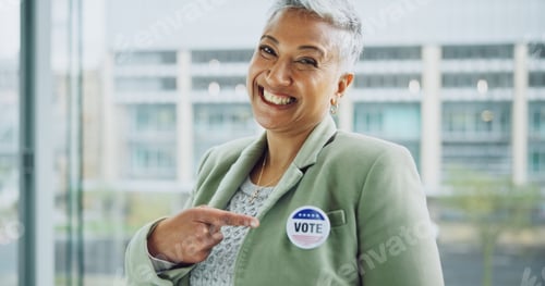 Preview: Woman, vote and portrait for politics, pointing and badge for support, government and member. Elect