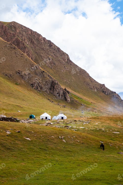 Preview: Yurts and a horse on a grassy mountain slope
