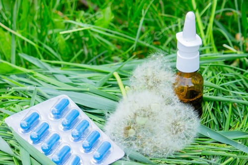 Preview: Nasal drops, allergy spray, wipes and tablets. Allergy treatment concept