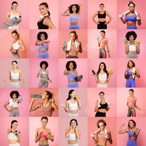 Preview: Diverse group of women showcasing fitness and health in vibrant workout attire