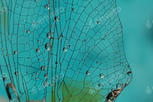 Preview: Background. Insect wing, dragonfly, macro, with dew drops on it , on a blue background