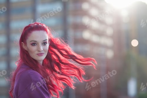 Preview: Portrait of young woman with long pink hair on city rooftop