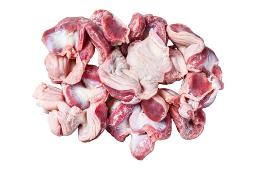 Preview: Raw uncooked chicken gizzards, stomach. Isolated on white background. Top view.