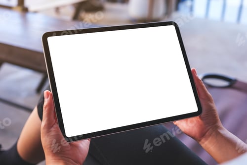 Preview: Mockup image of a woman holding digital tablet with blank white desktop screen