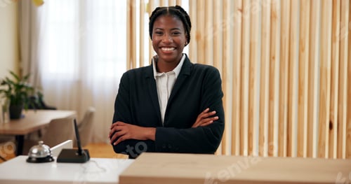 Preview: Hotel, smile and portrait of black woman at reception with confidence at counter for luxury service