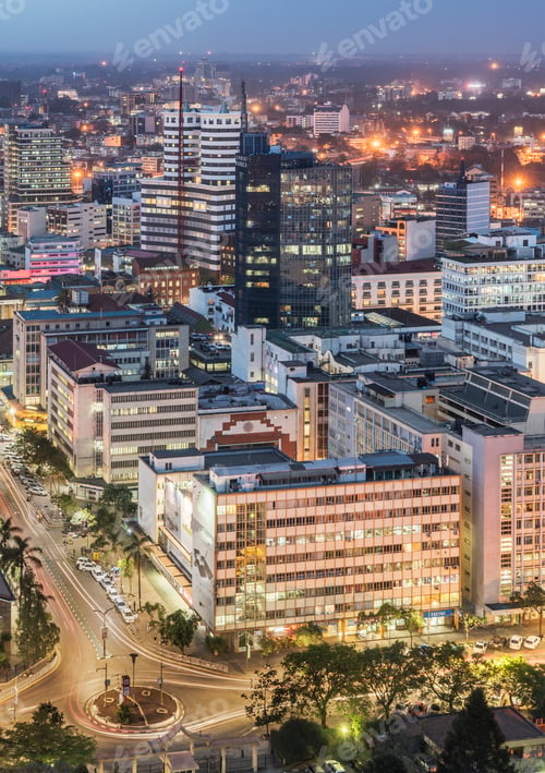 Preview: Modern buildings downtown Nairobi, at dusk, Nairobi Area, Kenya, Africa