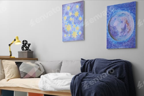 Preview: Modern teenager's room interior with comfortable bed and stylish design elements