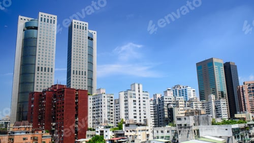 Preview: Low angle shot of a cityscape with tall buildings in Taipei city, Taiwan
