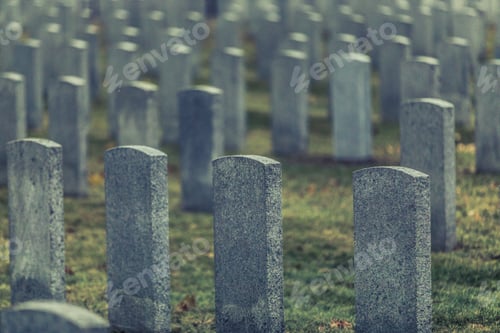 Preview: Back of Army Headstone and Graveyard Cemetery during a Sad Day o