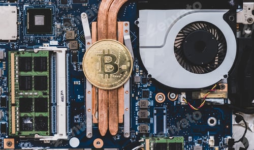 Preview: gold btc coin mining cryptocurrencies between computer circuits.