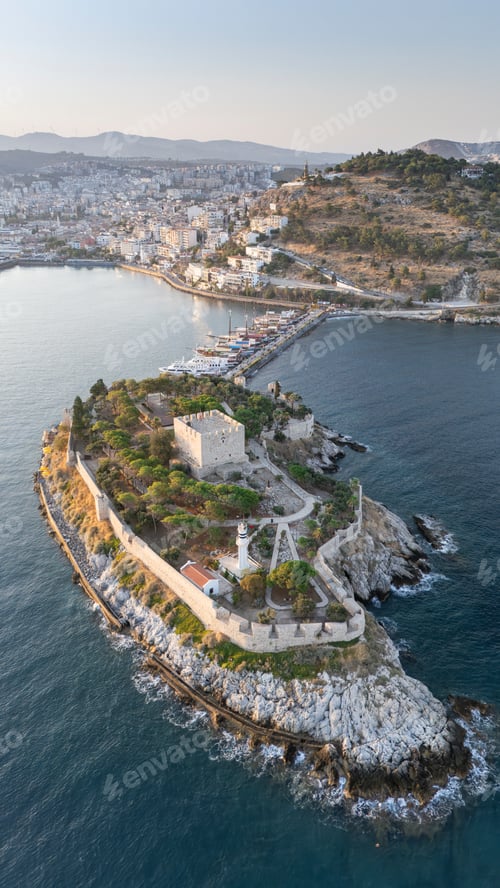 Preview: Aerial view of Guvercinada Island (Pigeon Island) with scenic castle at Kusadasi, Turkey.
