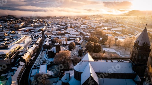 Preview: Aerial view of the Sligo cityscape covered in January snow