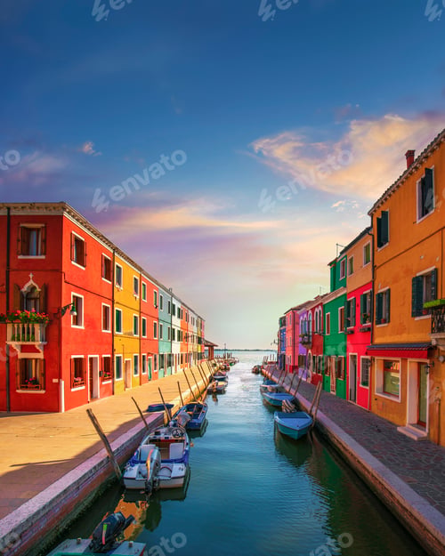 Preview: Burano Island Canal and Boats with Colorful Houses at Sunset. Venice Lagoon