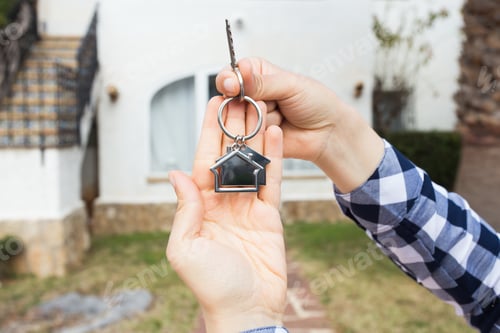 Preview: Ownership, property and tenant concept - key in female hand for new home and real estate