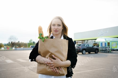 Preview: Women enjoying the outdoors, holding paper bags filled with fresh and healthy items, their smiles