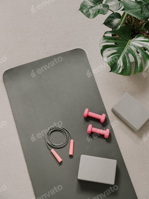 Preview: Home fitness concept. Sport mat and equipment
