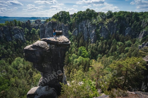 Preview: Ferdinandstein with unrecognized climber in famous Bastei national park Saxon Switzerland, Germany