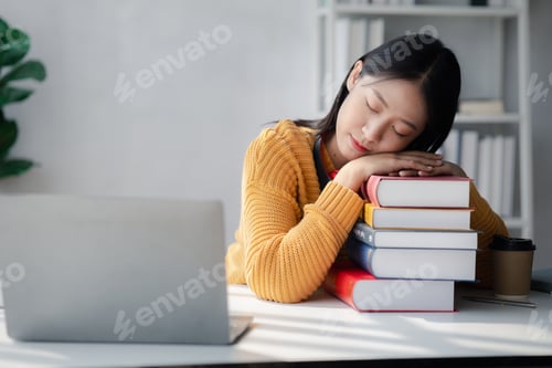 Preview: Asian teenage woman sitting in white office with laptop, she is a student studying online with lapto