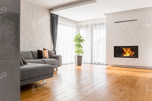 Modern Living Room with Fireplace and Grey Sofa