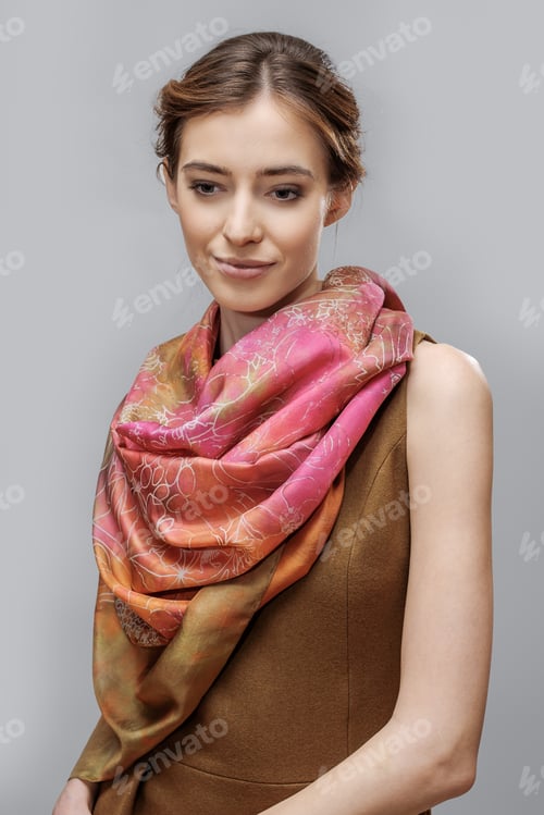 Preview: Beautiful fashion model posing with colorful silk scarf