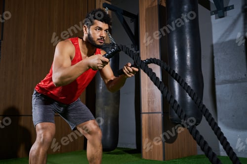 Preview: Young African American man engaging in intense workout at the gym