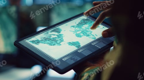 Preview: Navy operations specialist examines a world map with gps system on his tablet