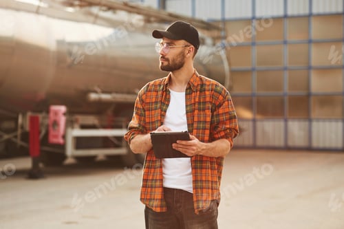 Preview: Digital tablet in hands. Young truck driver in casual clothes