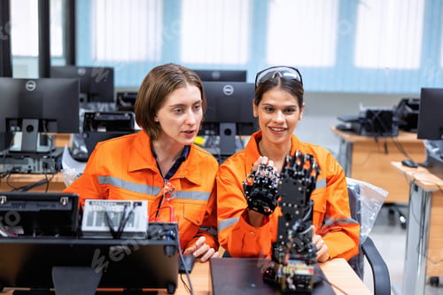 Preview: Girl engineer in robot industry fabrication research room simulate testing robot arm on operation