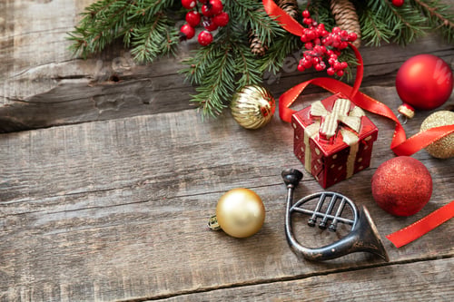 Preview: Christmas card red balls, fir tree and decor