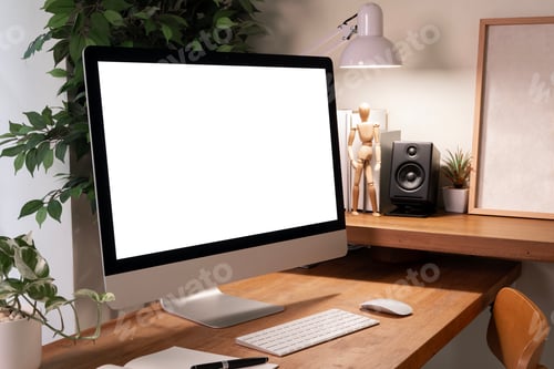 Preview: A professional workspace with a modern desktop computer featuring a blank white screen,