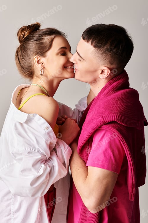 Preview: Ethereal connection: romantic kiss between stylish couple