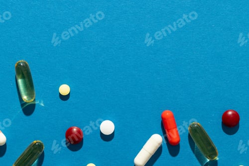 Preview: Composition of a variety of pills and capsules on blue background with copy space